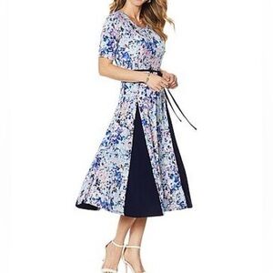 NWT Nina Leonard Abstract Blue and Pink MIDI Dress (NWT1)